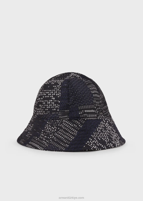 erkekler Armani patchwork efektli vanise jakarlı cloche şapka lacivert T8HD2032