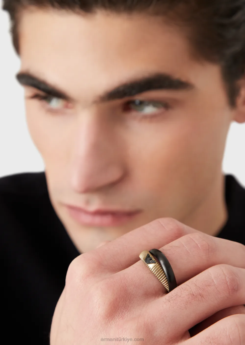 erkekler Armani antik altın tonlu paslanmaz çelik yığın halkası siyah T8HD2100