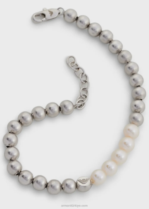 erkekler Armani gümüş tonlu pirinç boncuklu bileklik gümüş T8HD2090