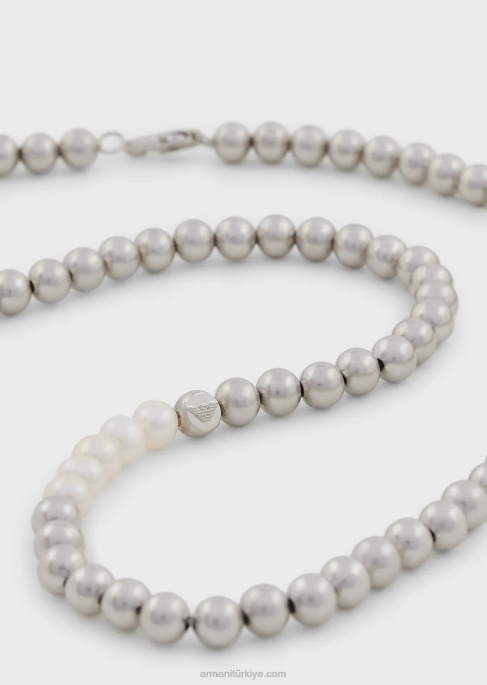 erkekler Armani gümüş tonlu pirinç boncuklu kolye gümüş T8HD2091