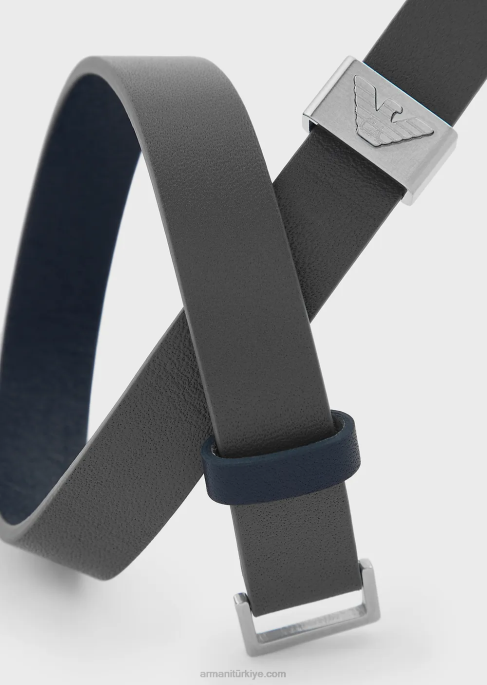 erkekler Armani mavi ve gri deri kayışlı bileklik siyah T8HD2105