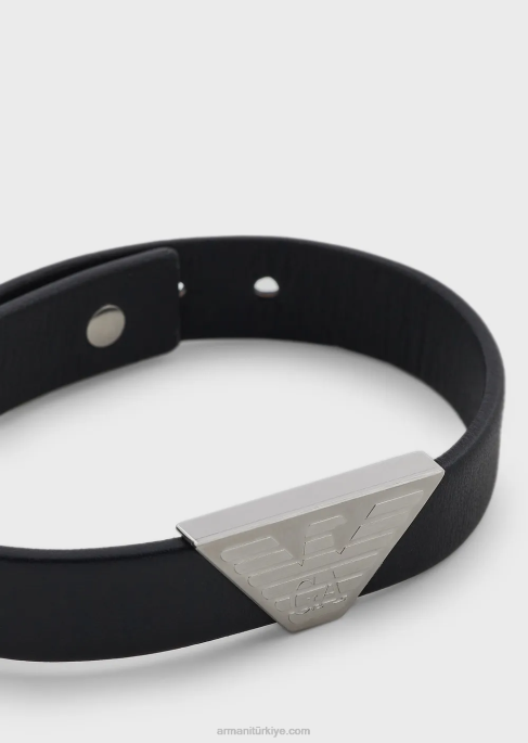 erkekler Armani siyah deri kimlik bileziği gümüş T8HD2103
