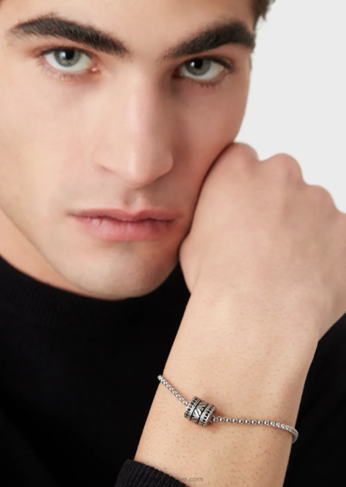 erkekler Armani siyah lake bileşenli bileklik gümüş T8HD2095