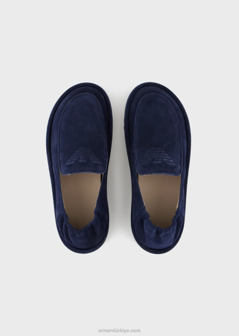 erkekler Armani büyük boy kartallı süet makosen ayakkabılar mavi T8HD1844