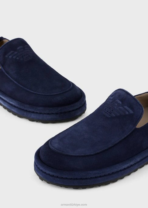 erkekler Armani büyük boy kartallı süet makosen ayakkabılar mavi T8HD1844