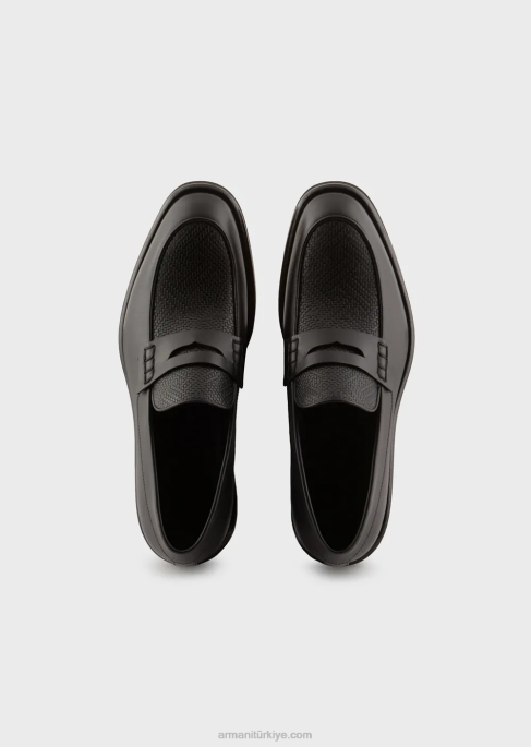 erkekler Armani dokuma baskı detaylı deri makosen ayakkabılar siyah T8HD1847