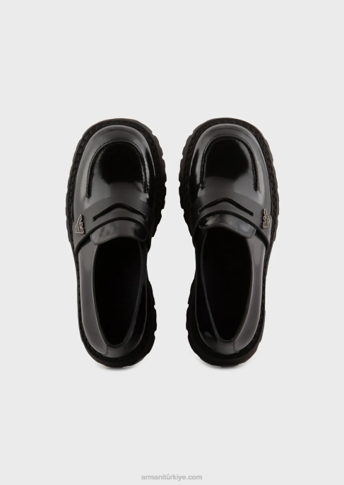 erkekler Armani pabuç tabanlı fırçalanmış deri makosen ayakkabılar siyah T8HD1828