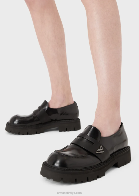 erkekler Armani pabuç tabanlı fırçalanmış deri makosen ayakkabılar siyah T8HD1828