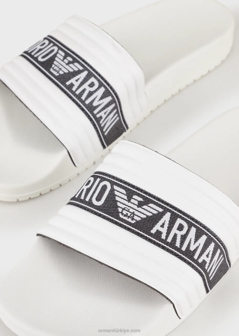 erkekler Armani jakarlı logo şeritli pvc kaydırıcılar beyaz T8HD1849