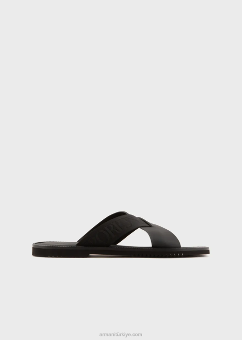 erkekler Armani logo şeritli deri çapraz sandalet siyah T8HD1854