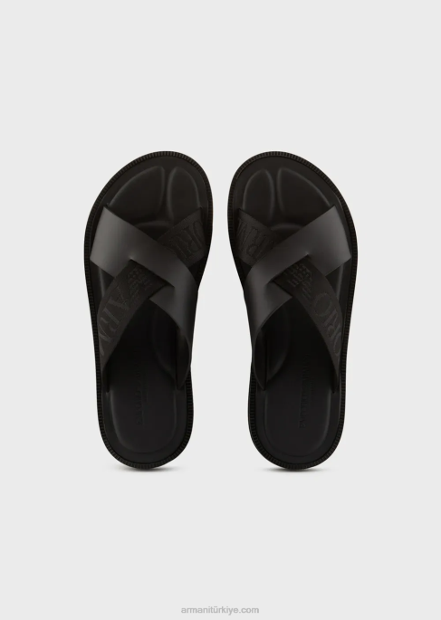 erkekler Armani logo şeritli deri çapraz sandalet siyah T8HD1854