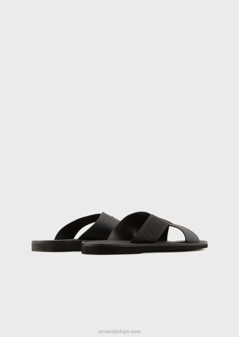 erkekler Armani logo şeritli deri çapraz sandalet siyah T8HD1854
