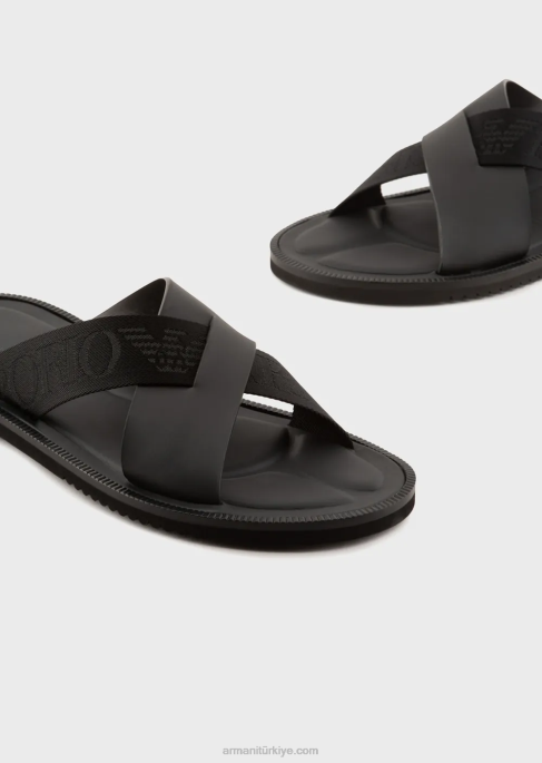 erkekler Armani logo şeritli deri çapraz sandalet siyah T8HD1854
