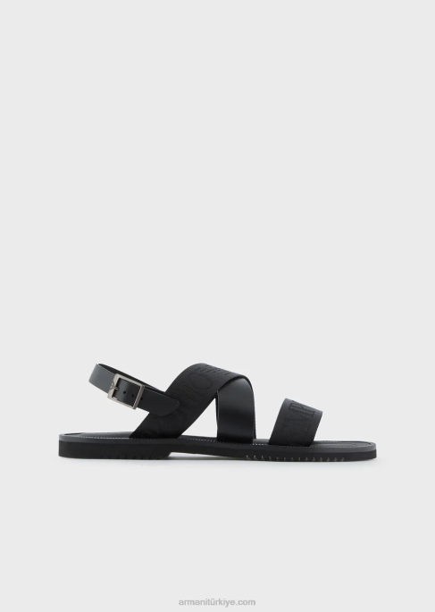 erkekler Armani logo şeritli deri çapraz sandalet siyah T8HD1856