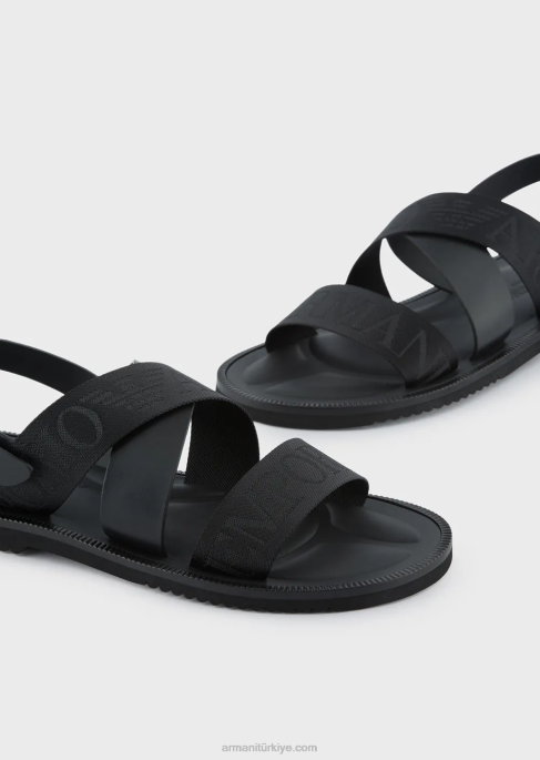 erkekler Armani logo şeritli deri çapraz sandalet siyah T8HD1856