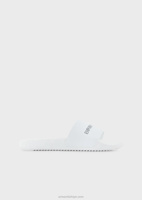 erkekler Armani logolu dövülmüş deri kaydırıcılar beyaz T8HD1007
