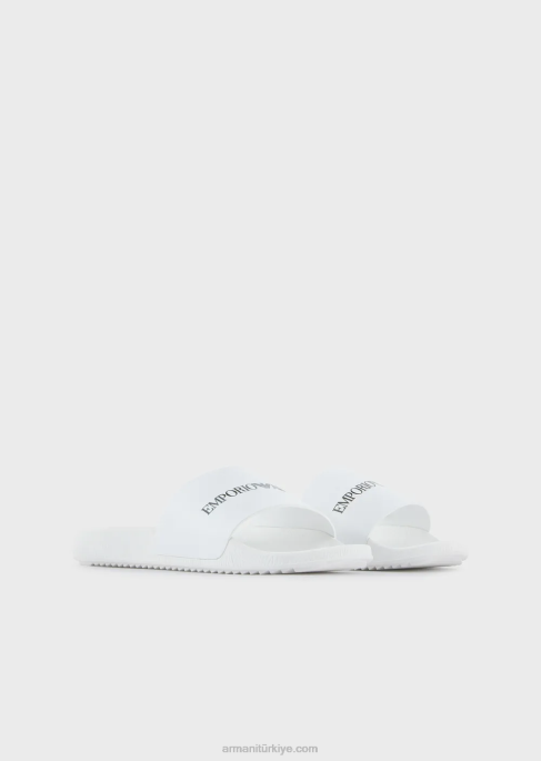 erkekler Armani logolu dövülmüş deri kaydırıcılar beyaz T8HD1007