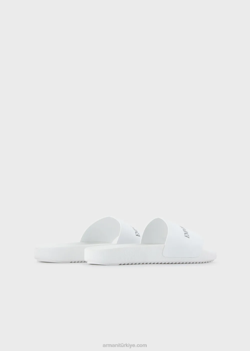 erkekler Armani logolu dövülmüş deri kaydırıcılar beyaz T8HD1007