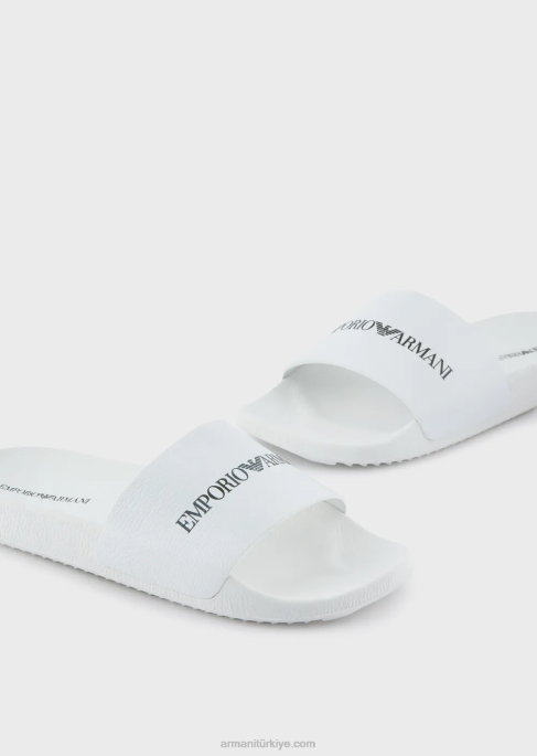 erkekler Armani logolu dövülmüş deri kaydırıcılar beyaz T8HD1007