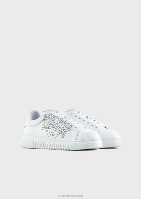 erkekler Armani Cesur logolu yumuşak deri spor ayakkabı beyaz T8HD1868