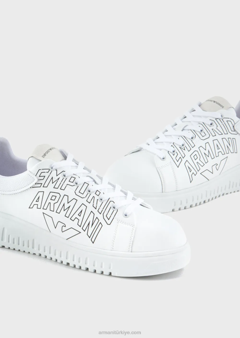 erkekler Armani Cesur logolu yumuşak deri spor ayakkabı beyaz T8HD1868