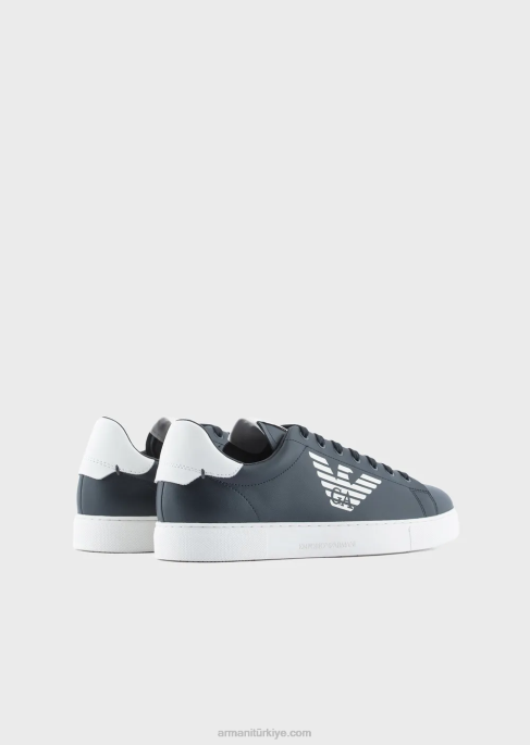erkekler Armani büyük boy kartal logolu parlak deri spor ayakkabı siyah T8HD1877