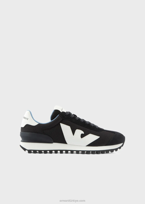 erkekler Armani büyük boy kartallı süet ve örgü spor ayakkabı lacivert T8HD1890