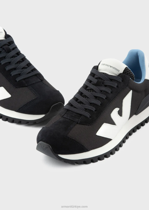 erkekler Armani büyük boy kartallı süet ve örgü spor ayakkabı lacivert T8HD1890
