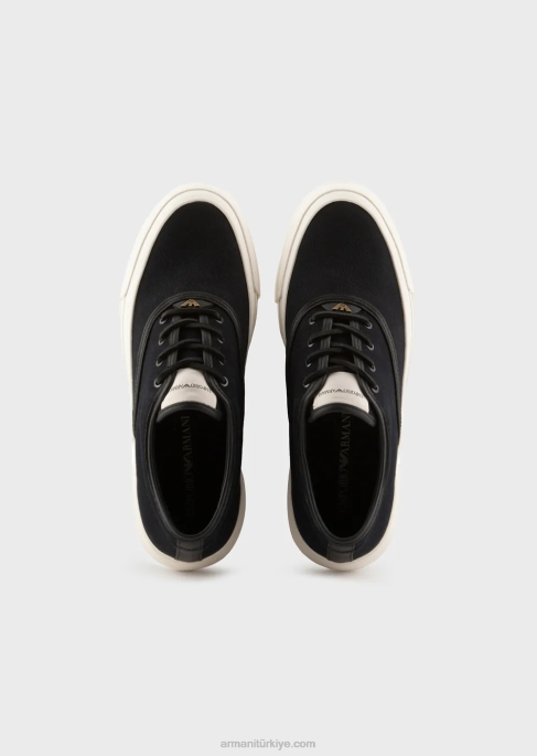 erkekler Armani bitkisel tabaklanmış deri detaylı kanvas spor ayakkabı lacivert T8HD1931