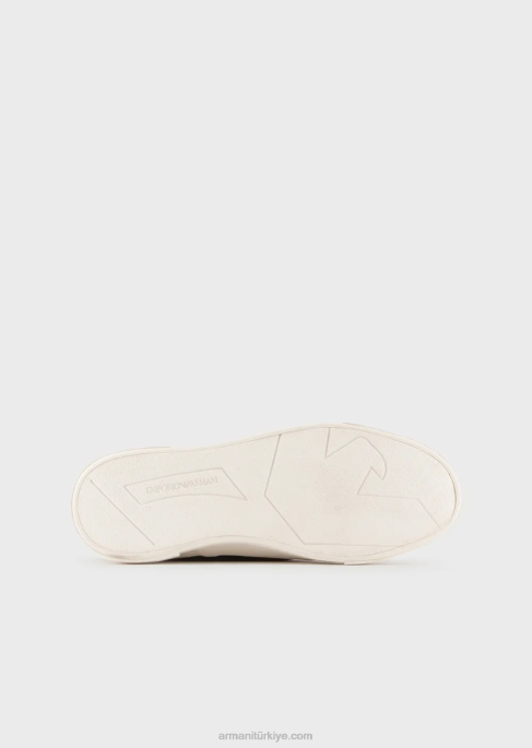erkekler Armani bitkisel tabaklanmış deri detaylı kanvas spor ayakkabı lacivert T8HD1931