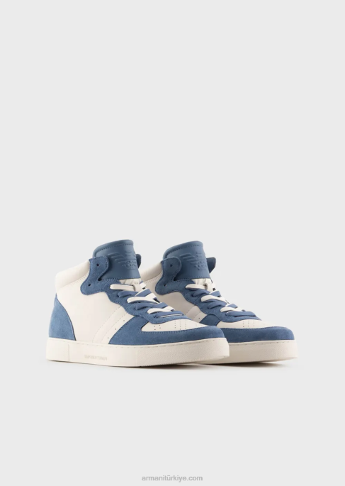 erkekler Armani deri ve süet yüksek bilekli spor ayakkabı mavi T8HD1927