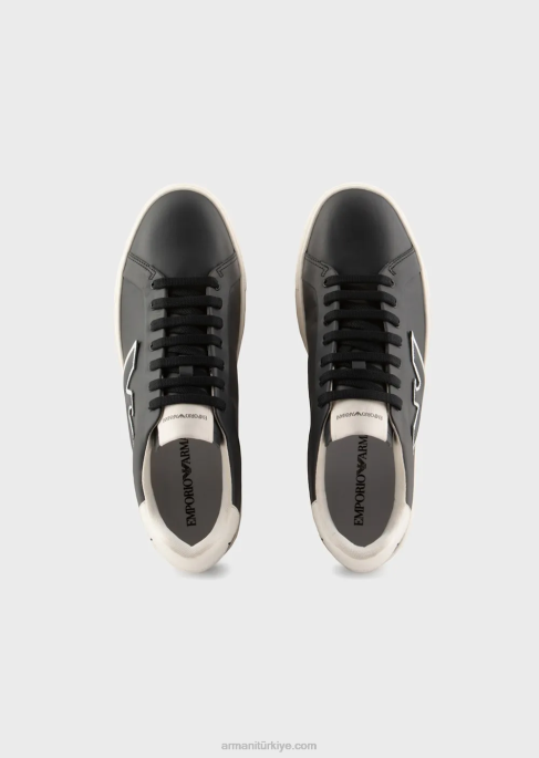 erkekler Armani kartal yamalı deri spor ayakkabı lacivert T8HD1920