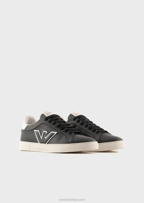 erkekler Armani kartal yamalı deri spor ayakkabı lacivert T8HD1920