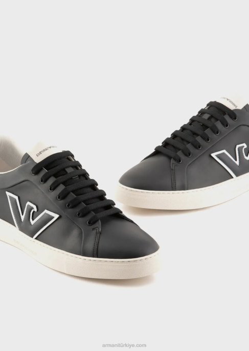 erkekler Armani kartal yamalı deri spor ayakkabı lacivert T8HD1920