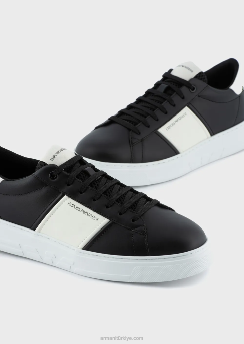 erkekler Armani kauçuk detaylı deri spor ayakkabı koyu siyah T8HD1918
