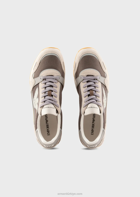 erkekler Armani süet detaylı ve kartal yamalı file spor ayakkabı bej T8HD1883