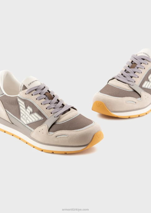 erkekler Armani süet detaylı ve kartal yamalı file spor ayakkabı bej T8HD1883