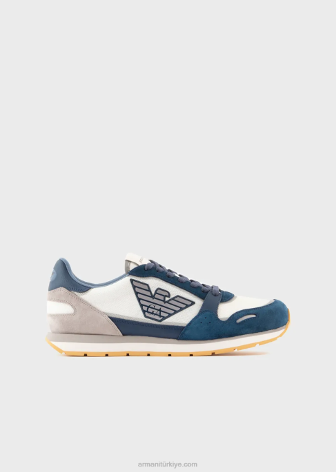 erkekler Armani süet detaylı ve kartal yamalı file spor ayakkabı masmavi T8HD1888