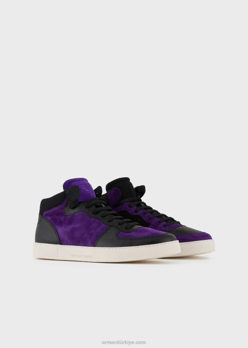 erkekleremporio armani deri ve süet yüksek bilekli spor ayakkabı armani sürdürülebilirlik değerleri ile yeniden yüklendi mor T8HD1896