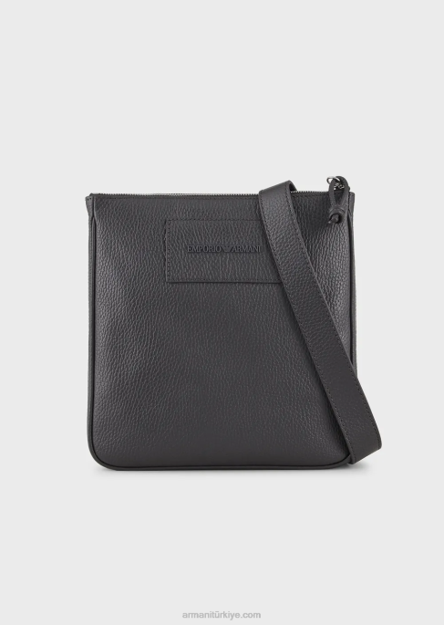 erkekler Armani düz, eskitme deri omuz çantası koyu gri T8HD1986