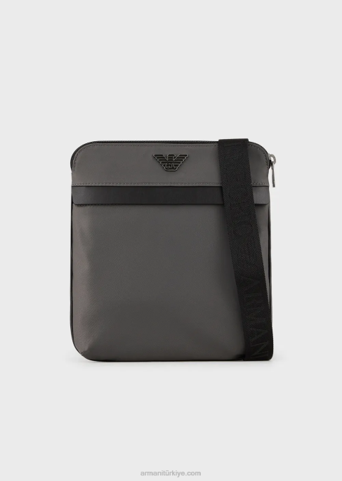 erkekler Armani düz, geri dönüştürülmüş naylon omuz çantası koyu gri T8HD1973
