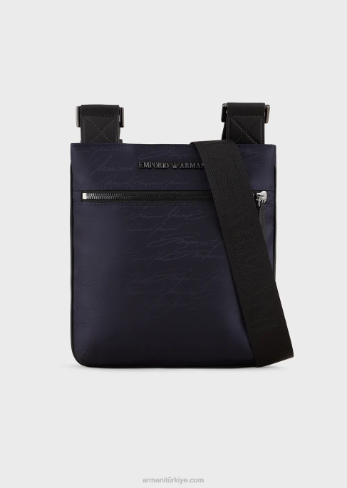 erkekler Armani imza logolu düz jakarlı naylon omuz çantasıT8HD1982