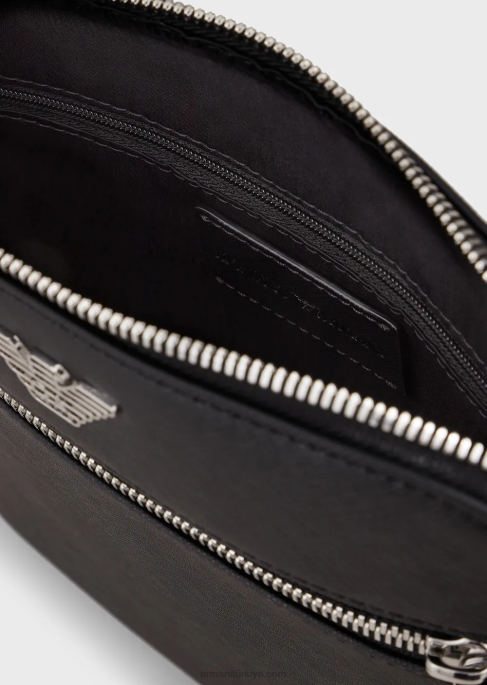 erkekler Armani kartal pate ile rejenere deri omuz çantası siyah T8HD1974