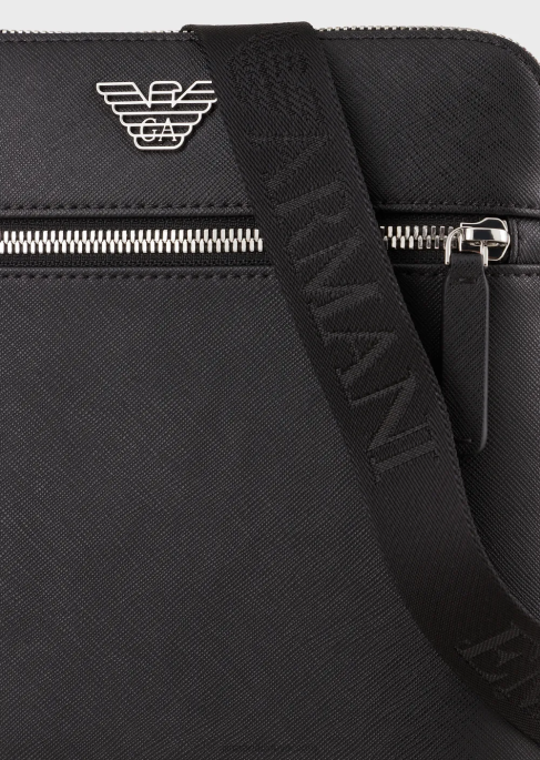 erkekler Armani kartal pate ile rejenere deri omuz çantası siyah T8HD1974