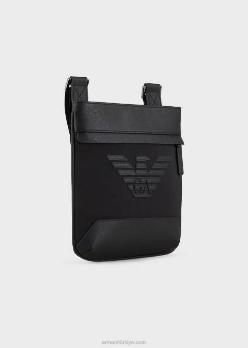erkekler Armani saffiano desenli, rejenere deri omuz çantası siyah T8HD1979
