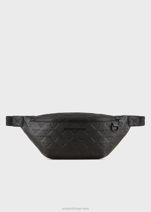 erkekler Armani boydan boya kartal işlemeli deri bel çantası siyah T8HD1970