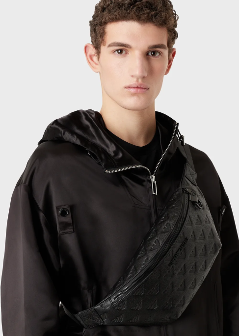 erkekler Armani boydan boya kartal işlemeli deri bel çantası siyah T8HD1970