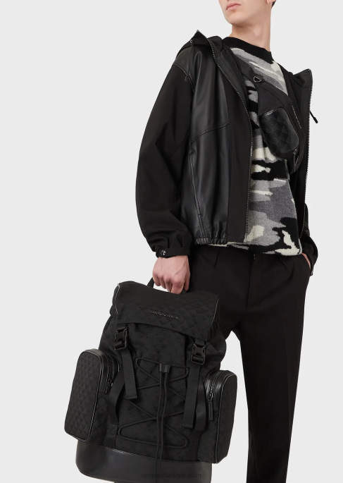 erkekler Armani Tamamı jakarlı kartal desenli naylon yürüyüş sırt çantası siyah T8HD1958