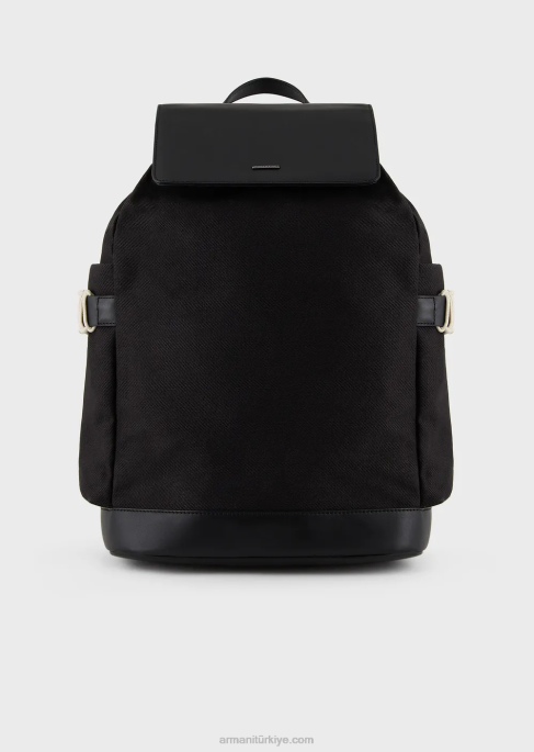 erkekler Armani deri detaylı geri dönüştürülmüş fitilli sırt çantası siyah T8HD1946