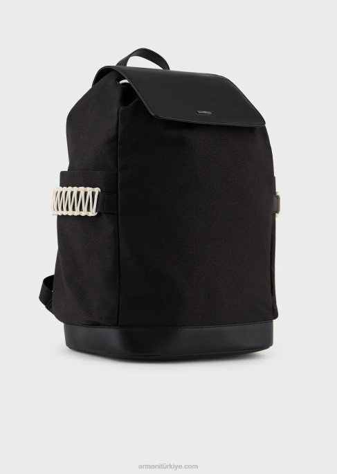 erkekler Armani deri detaylı geri dönüştürülmüş fitilli sırt çantası siyah T8HD1946
